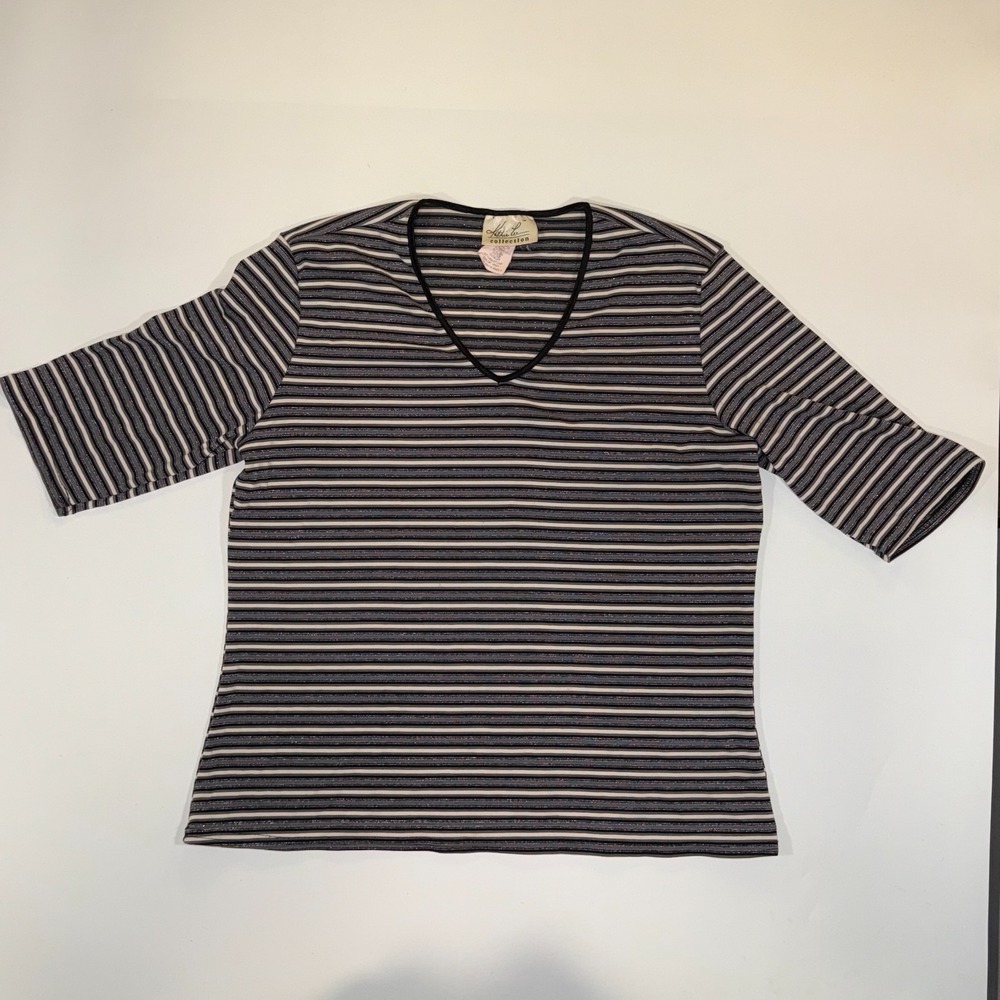 Kathie Lee Collection Shirt Top Womens XL Gray White Metallic Striped Stretch
